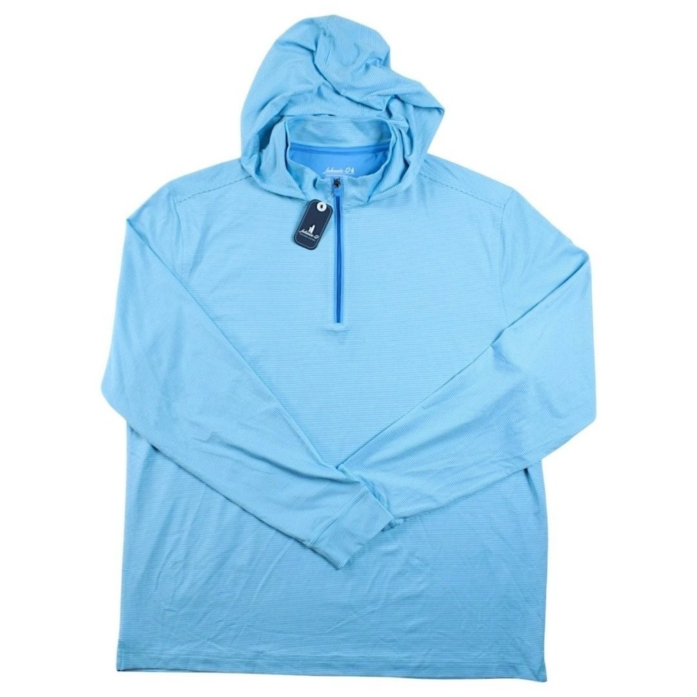 johnnie-O Tarpon Hybrid Hoodie Men's Medium Blue‎ Striped 1/4 Zip Pullover NWT